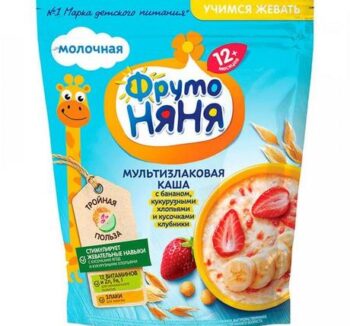 Каша ФрутоНяня мультизлаковая молочная банан, кукурузные хлопья, клубника 12мес