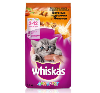 Сухой корм для котят Whiskas Аппетитное ассорти (вкусные подушечки с молоком+индейка+морковь) 1,9кг